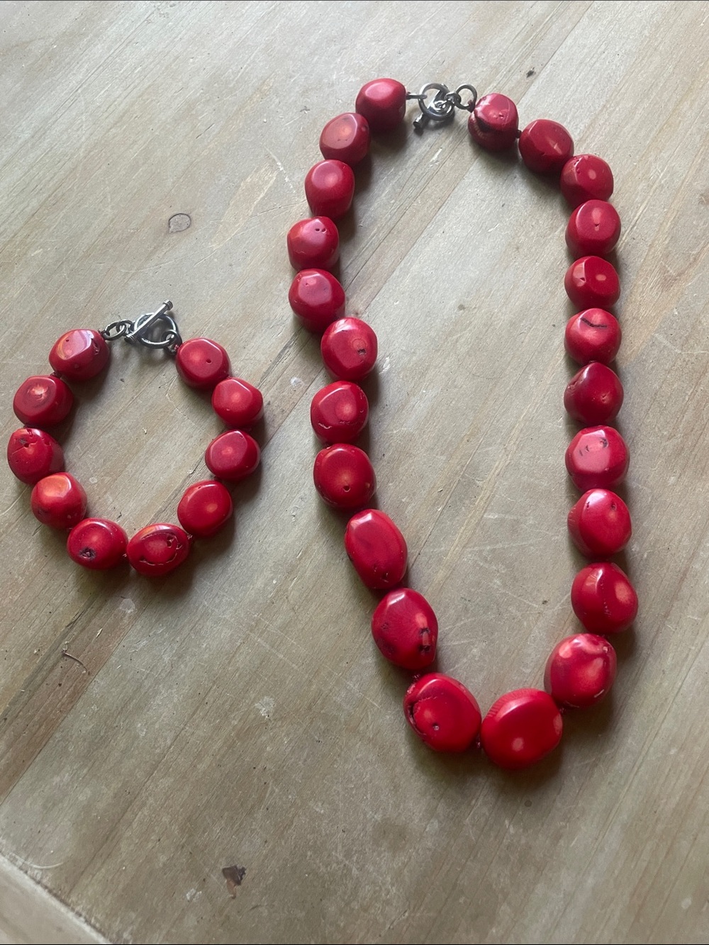 Vintage dyed Red Coral Beaded Necklace and Bracelet with sterling clasps